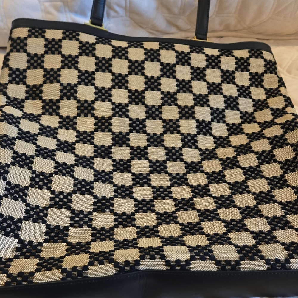 Price Drop! Furla Brand Checkered Black Leather Tan Linen Tote Bag 15x16. As New - Picture 5 of 7